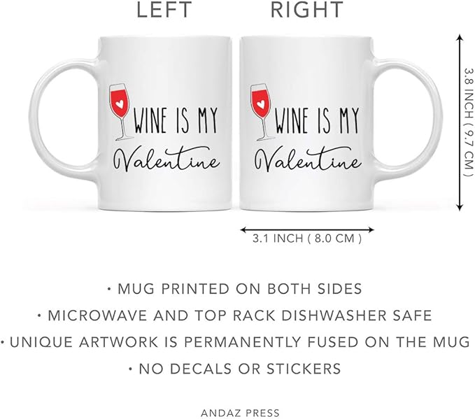 Andaz Press Valentine’s Day Funny 11oz. His Her Couples Coffee Mug Gift, Wine Is My Valentine, Glass Graphic, 1-Pack, Gift Box