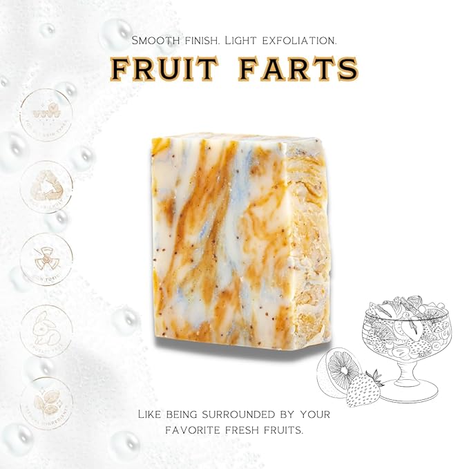 Fruit Farts Organic Soap Bar (banana, grapefruit, kiwi, bubblegum, berries and vanilla) - All Natural Bath Soaps for All Skin Types - Cold Process and Handmade