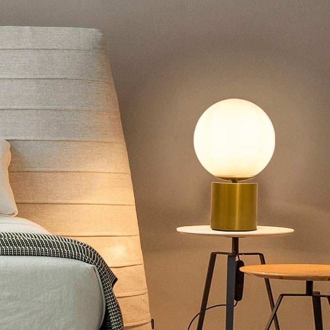 11 Inch Modern Gold Globe Table Desk Lamp,Vintage Mid Century Round Table Lamp with White Glass Shade Metal Base for Bedroom Bedside Lamp Living Room End Table