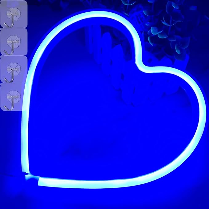 Heart Shaped Lights Blue Heart Neon Light Valentine Heart Lights, Heart Lights Plug in Valentines Led Lights, Hanging Heart Sign Heart Window Light, USB/Battery Operated Heart Lights(Blue)