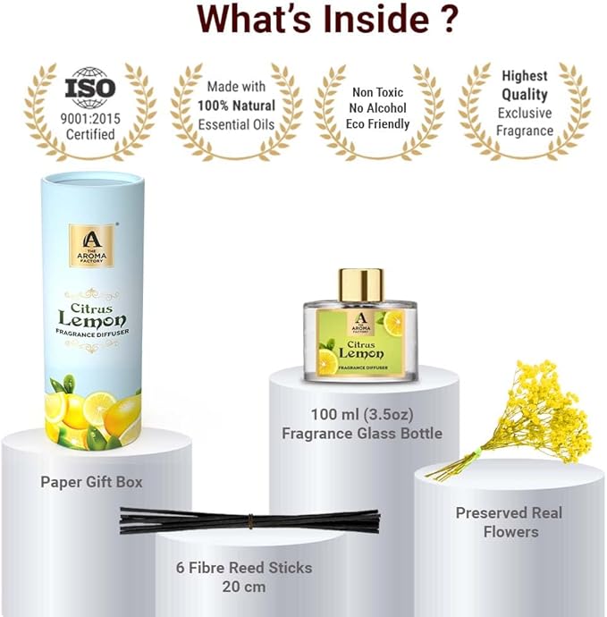 The Aroma Factory Fragrance Reed Diffuser Set with Natural Essential Oil, Aroma Sticks & Real Preserved Flowers | Luxury Home Decor Scent (Citrus Lemon & Fresh Active, 2 Pack)