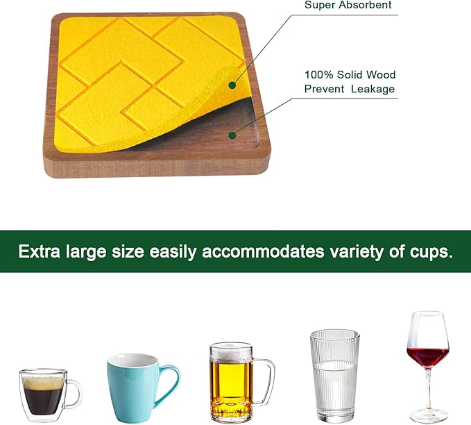 Coasters for Drinks Absorbent 5 Pack, Square Coasters with Felt Pads, Non-Slip, Non-Stick Cups, Suit for Kinds of Cups 4.1 inches (Colorful)