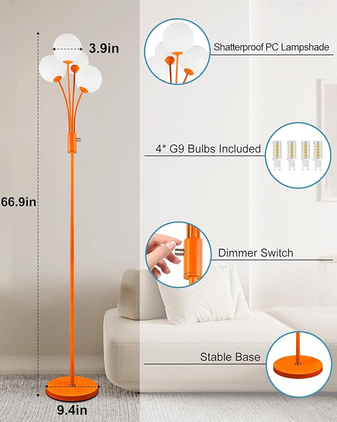 Lightdot 67IN Dimmable Globe Floor Lamp 4-Lights Orange Standing Lamps with 4PCS 3000K G9 Bulbs Soft Warm White Mid Century Modern Floor Lamp Stable Base for Living Room/Sofa Beside