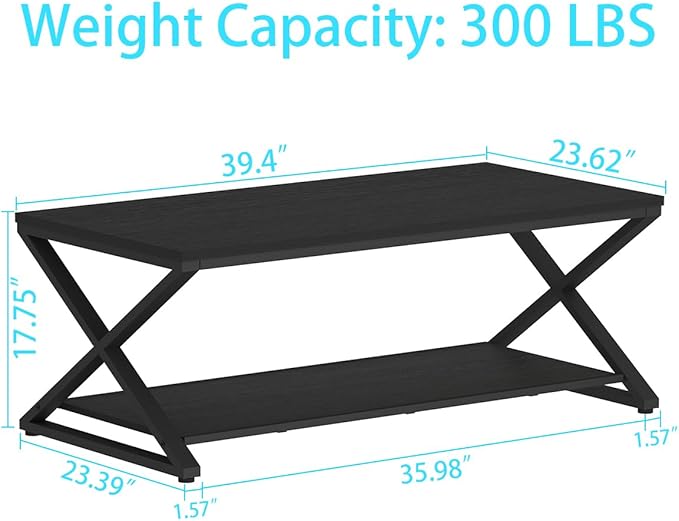 HSH Black Coffee Table with Storage Shelf, Modern Metal Wood Living Room Table, Simple 2 Tier Rectangle Center Table, 39 Inch Office Bedroom Display Cocktail Tea