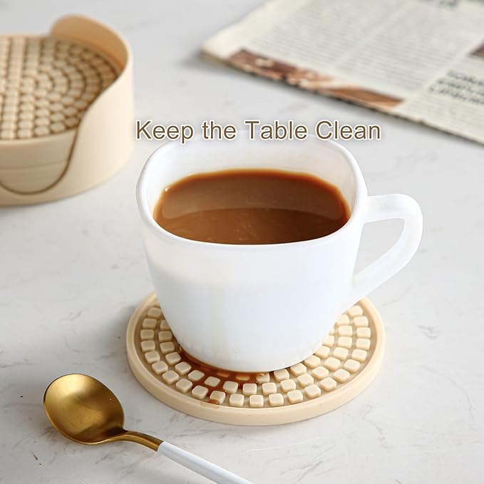 Colinda Silicone Drink Coasters with Holder, Set of 6, Outdoor Cup Mat for Hot or Cold Drinks, Thickened, Non-Slip,Non-Stick, Teal