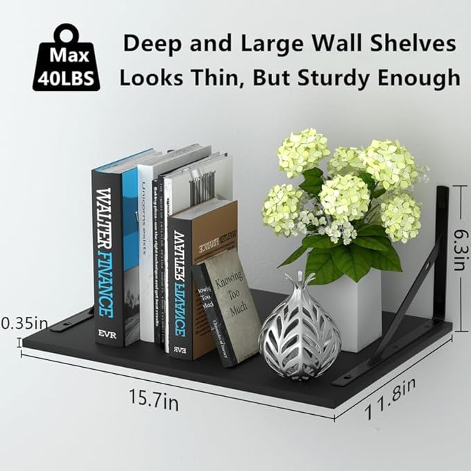 Deep Floating Shelves for Wall, 12 Inch Deep Black Shelves for Bedroom, Large Wall Shelf for Living Room, Kitchen, Bathroom, Laundry Room and Decor Storage