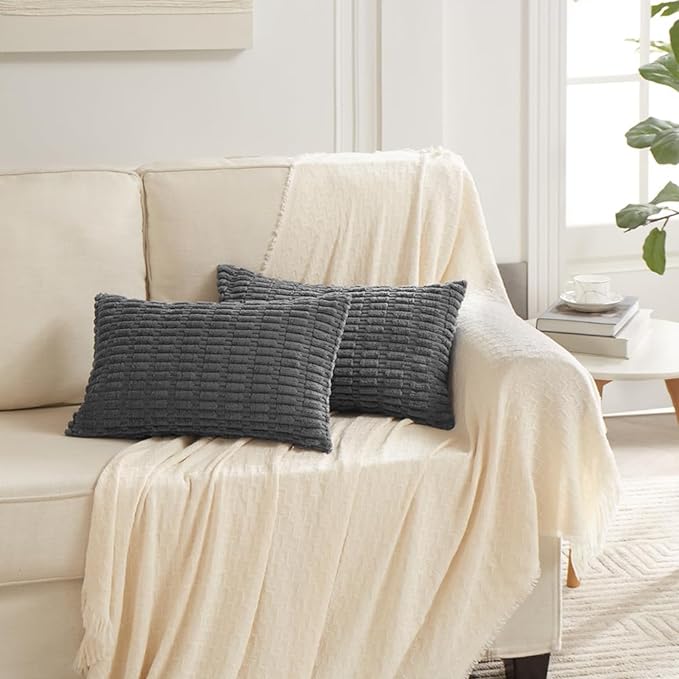 Fancy Homi 4 Packs Dark Grey Decorative Throw Pillow Covers 12x20 Inch for Couch Bed, Rustic Modern Farmhouse Boho Home Decor, Soft Plush Corduroy Gray Cute Square Accent Cushion Case 30x50 cm
