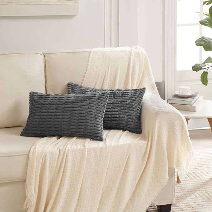 Fancy Homi 4 Packs Dark Grey Decorative Throw Pillow Covers 16x24 Inch for Couch Bed, Rustic Modern Farmhouse Boho Home Decor, Soft Plush Corduroy Gray Cute Square Accent Cushion Case 40x60 cm