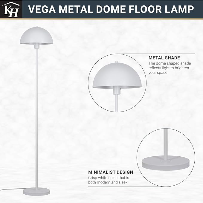 Kenroy Home Vega White Metal Dome Floor Lamp with Sleek Modern Design and Round Metal Shade for Living Rooms, Offices, and Bedrooms