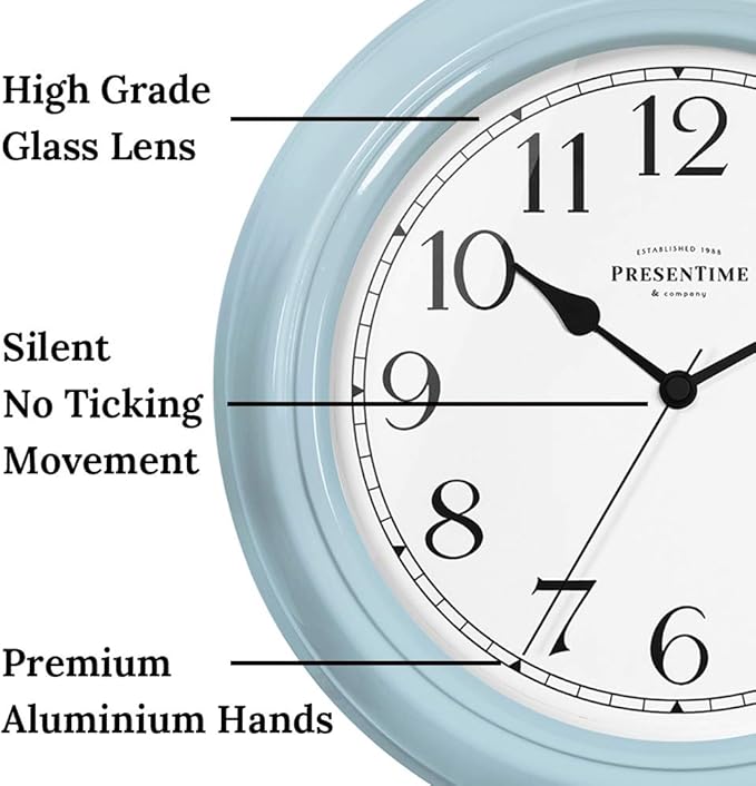 Presentime & Co Chic Home Collection 10" Molly Clock, Silent No Ticking, Blue Color. Modern Decorative Wall Clock for Kitchen, Kid's Room, Bathroom, Bedroom, and Office