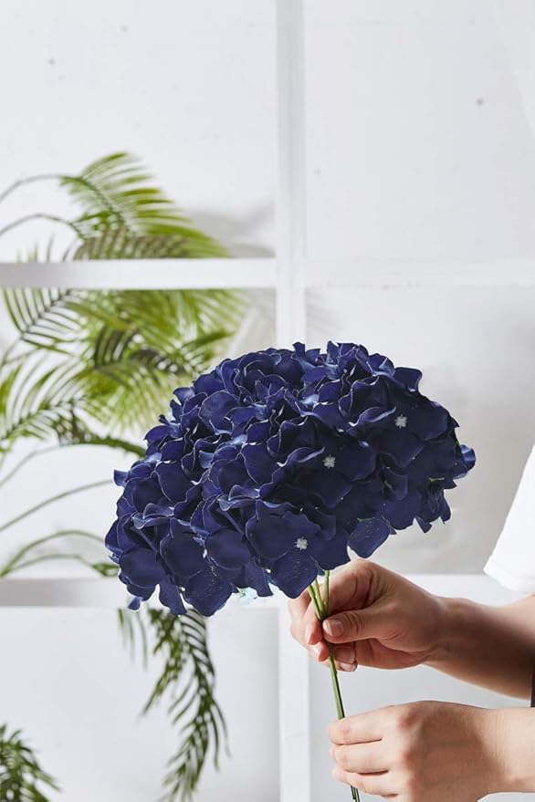Artificial Hydrangea Flowers Navy Blue Heads 10pcs Fake Hydrangea Silk Flowers for Wedding Bouquets Centerpieces DIY Floral Decor Home Decoration with Stems
