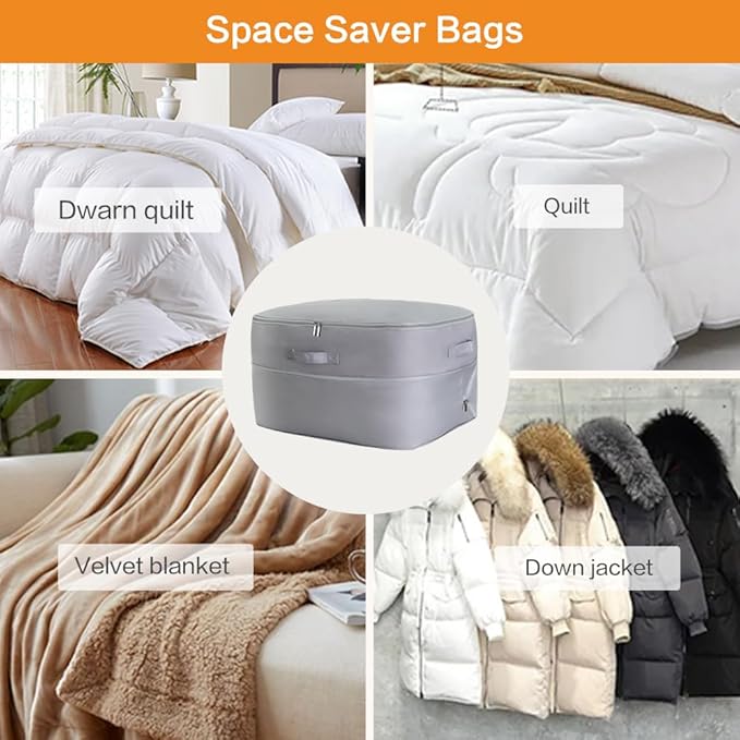 Ultra Space Saving Self Compression Storage Bags with Zipper, (Grey) -Compression Organize for Bedding, Comforter Storage Bag for Blankets Duvet Quilts Pillows