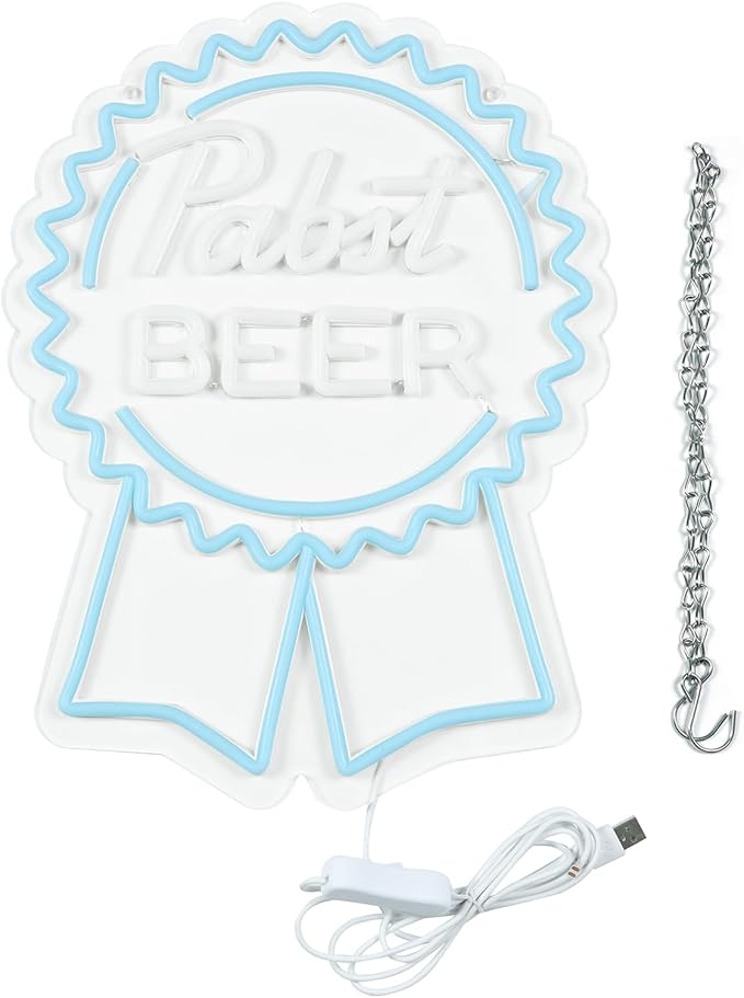 Pabst Beer Neon Signs for Wall Decor,LED Neon Lights Suitable for Man Cave Bar Pub Restaurant Christmas Gift Art 5V Power Adapter, 12 * 15Inch(sky blue+white)