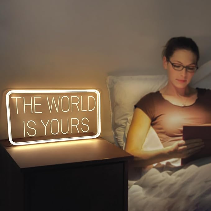 The World is Yours Neon Signs for Wall Decor 3D Carving Design Neon Sign for Bedroom. Warm White LED Neon Signs for Room, Bar, Office, Birthday Party Wedding