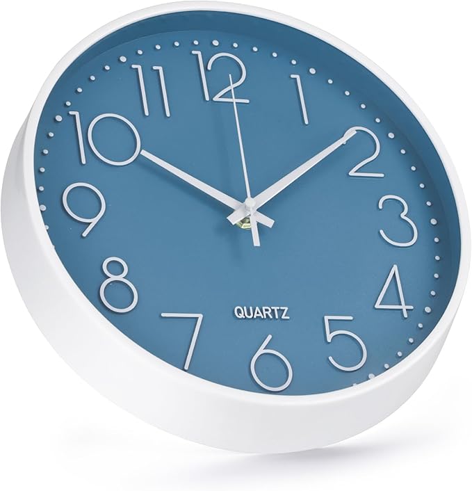 Wall Clock 10 Inch Non-Ticking Silent Modern Simple Style Round Decor Clock Cerulean Stereoscopic Dial Quartz Wall Clocks for Home/Office/School/Living Room/Bedroom/Kitchen