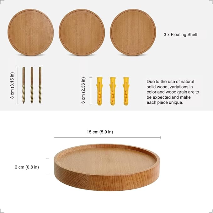 Coracle Floating Shelf wood round Wall Mounted Showcase Wall Shelf Hanging Planter Storage Wooden Shelf for plants photo candle Invisible Wall Decoration Design (Set of 3 Diameter Ø5.9 inch)