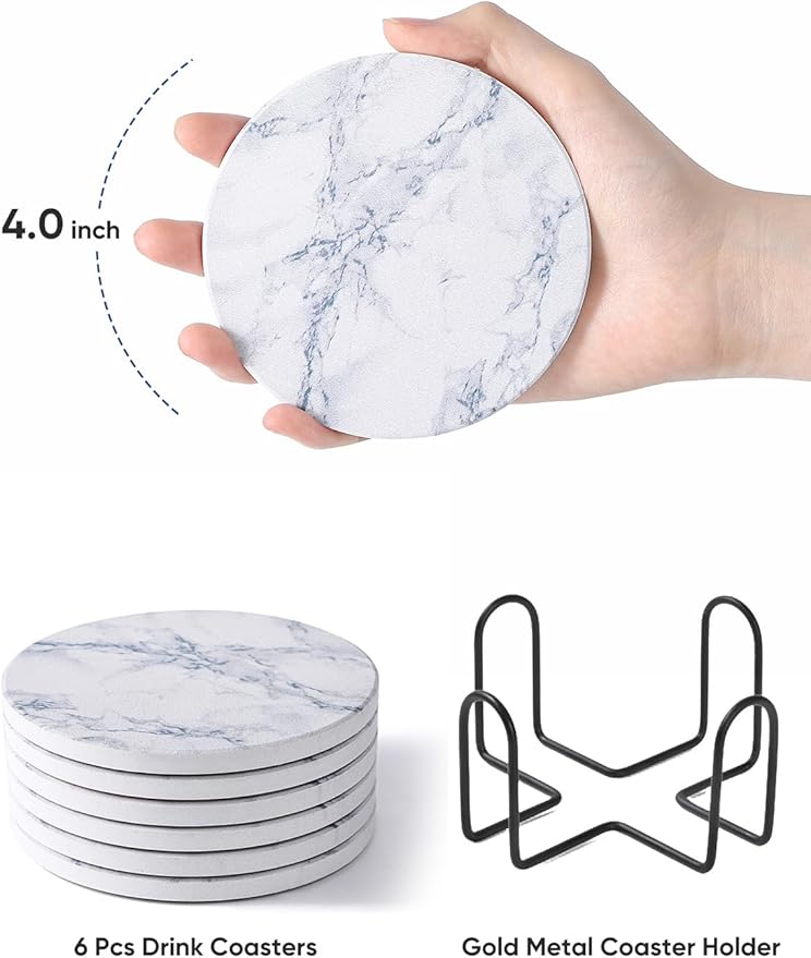 LIFVER Coasters for Drinks, White Marble-Style Absorbent Coasters with Holder, Housewarming Gifts for Home Decor, Suitable for Kinds of Cups, 4 Inches, Set of 6