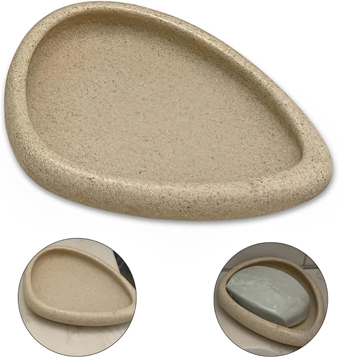 Ceramic Soap Dish - Cream Polyresin Sand and Stone Effect Soap Bar Holder for Bathroom or Kitchen, Sophisticated Elegance