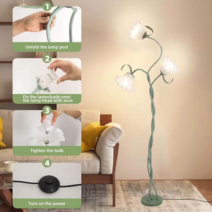 3 Heads Flower Floor Lamp, Vintage Corner Floor Lamp with Flexible Neck Shaft, Standing Lamps Tall Lamp for Home Decor,Living Room,Bedroom,Office, Lily of The Valley Lamp