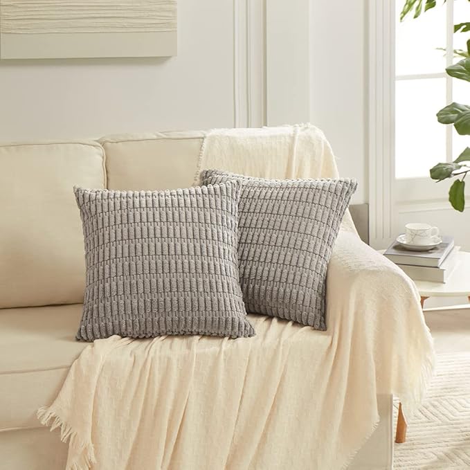 Fancy Homi 4 Packs Grey Decorative Throw Pillow Covers 20x20 Inch for Living Room Couch Bed Sofa, Modern Farmhouse Boho Home Decor, Soft Plush Corduroy Gray Square Cute Accent Cushion Case 50x50 cm