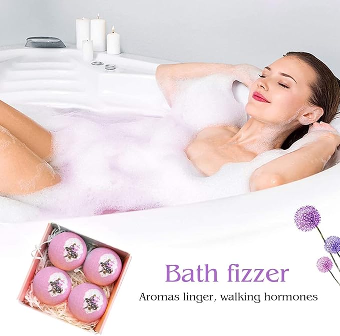 Dried Flower Bath Bombs Salt Balls,4 Pack Gift Set,Lavender Extract Essential Oils,Moisturizing Dry Skin,Fizzy Spa,Relaxation,Self Care,Relaxing,Bubble Bath Bomb Gifts Idea for Men Women