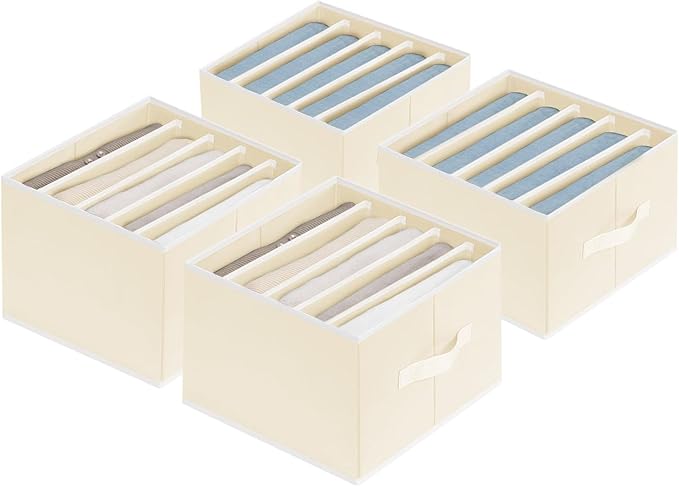 Clothes Organizers and Storage - Fabric Jeans Organizer with Handles, Foldable Drawer Dividers for Clothes, Closet Shelf Organizer for Shirts, Bra, Sweater, Scarf, 4 Pack, Pale Yellow