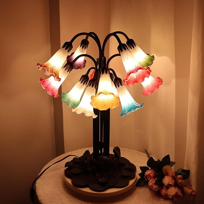 Bieye L10952 Lily Flower Blown Glass Accent Table Lamp for Living Room Bedroom Decoration (Multicolor, 12-Light)
