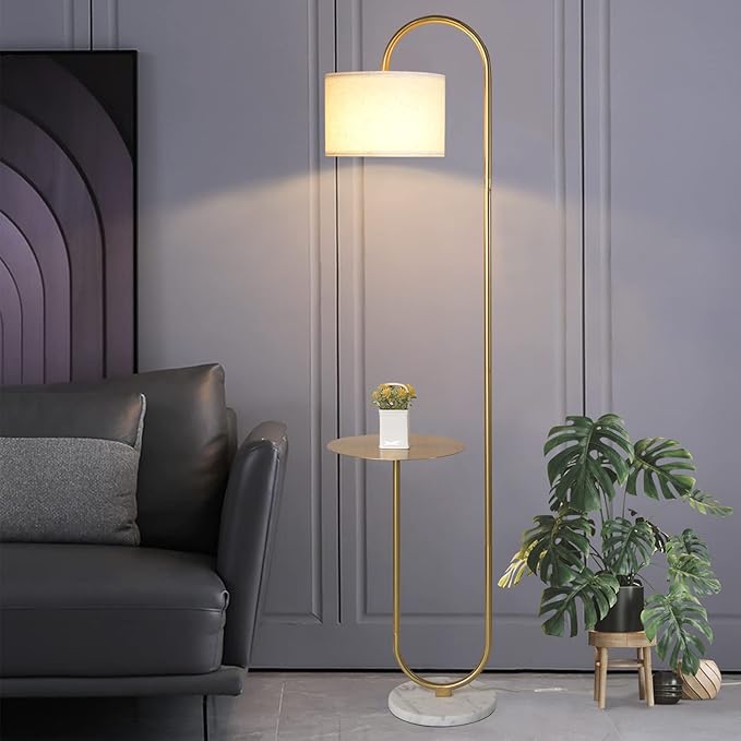Hsyile KU300271 Arc Floor Lamp with Hanging Drum Shade for Living Room-Marble Base Modern Tall Stand Up Light with Table, Contemporary Over The Couch Gold Lamp Standing Lamps for Bedroom Office