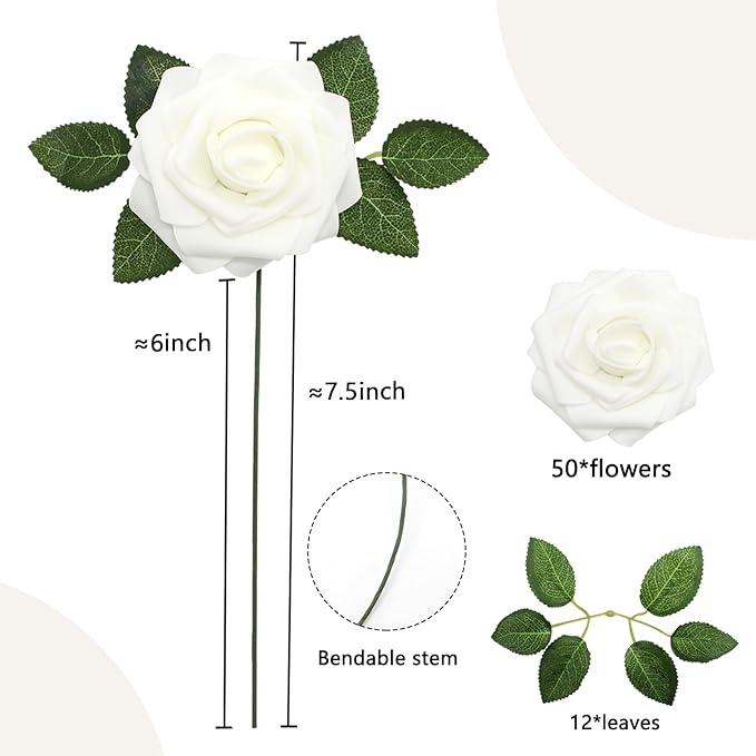 Artificial Flowers 50PCS White Roses Real Looking Foam Fake Roses with Leaves and for DIY Wedding Bouquets Bridal Shower Centerpieces Party Decorations (White)