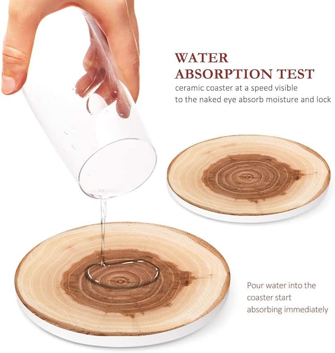 Britimes Coaster for Drinks Set of 6, Wood Grain Absorbent Round Ceramic Stone Mat, with Cork Base and Metal Holder, Gift for Housewarming Room Bar Decor