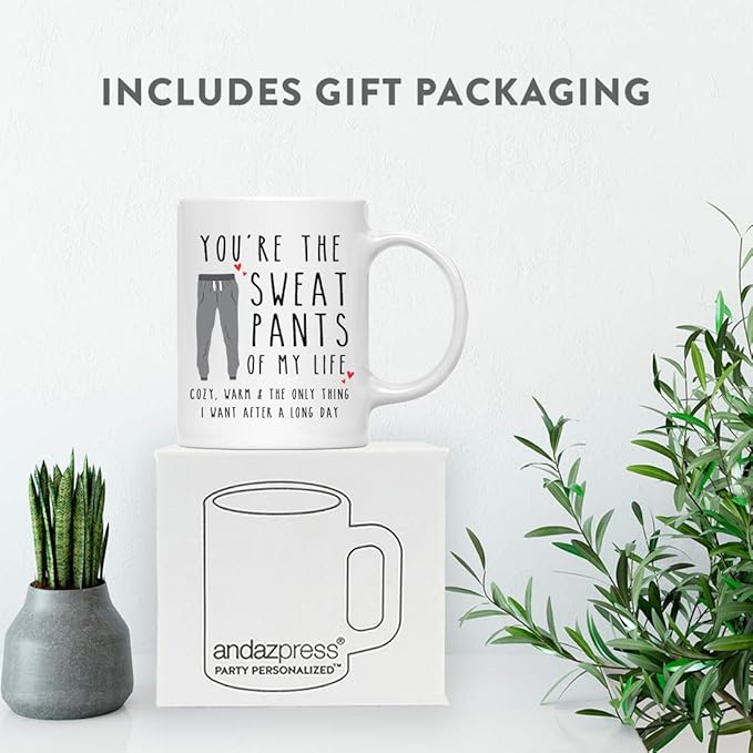 Andaz Press Valentine’s Day Funny 11oz. His Her Couples Coffee Mug Gift, You're The Sweat Pants Of My Life Cozy. Warm & The Only Thing I Want After A Long Day, Pant Graphic, 1-Pack, Gift Box