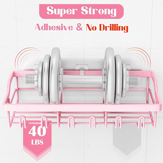 2 Pack Adhesive Shower Caddy, Rustproof Stainless Steel Shower Racks for Bathroom Organizers & Storage, Pink Wall Mounted Shower Shelves for Inside Shower Apartment Bathroom Essentials
