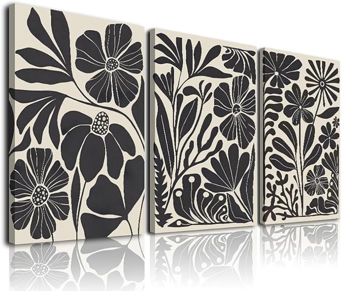 Framed Canvas Wall Art Set of 3, Minimalist Abstract Flower Floral Wall Art for Living Room, Boho Style Wall Decor Paintings, Modern Black Botanical Flower Art Print for Bathroom, Bedroom,
