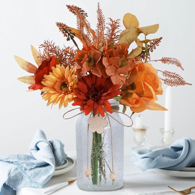 Silk Flowers with Vase, Artificial Flowers Arrangement with Glass Vase Faux Rose Daisy for Decoration Table Centerpiece (Daisy Orange)
