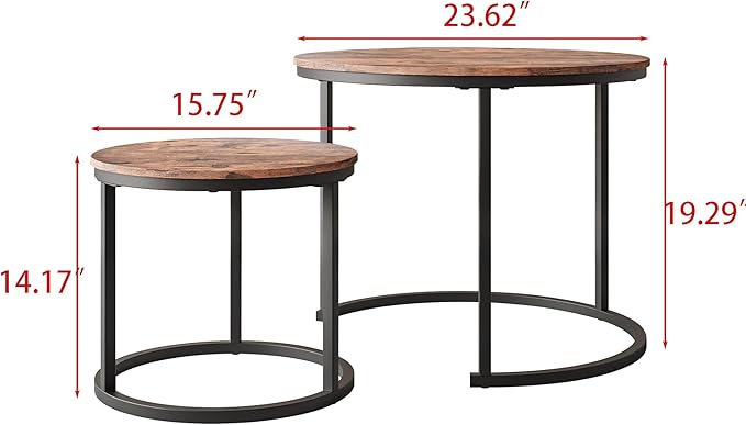 Round Coffee Table Set of 2 for Living Room,Black Small Coffee Table Living Room Table,Nesting Tables Metal Frame/Wood,Sturdy/Easy Assembly,Stacking Side Tables Bedroom,Rustic Brown