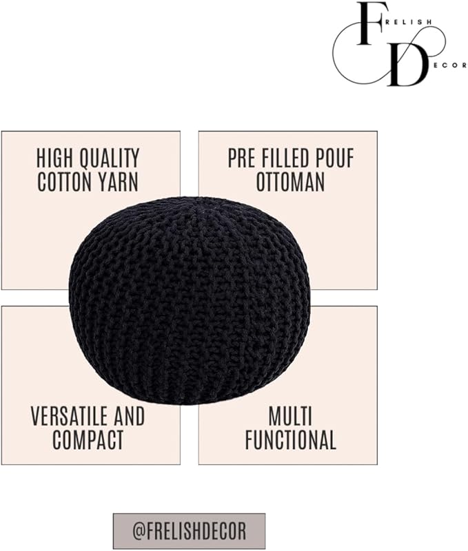 FRELISH DECOR Round Pouf Ottoman Hand Knitted 100% Cotton Pouf Foot Stool - Knitted Bean Bag - Floor Chair for Living Room Bedroom - Foot Rest for Couch (20 Diameter x 14 Height) - Black