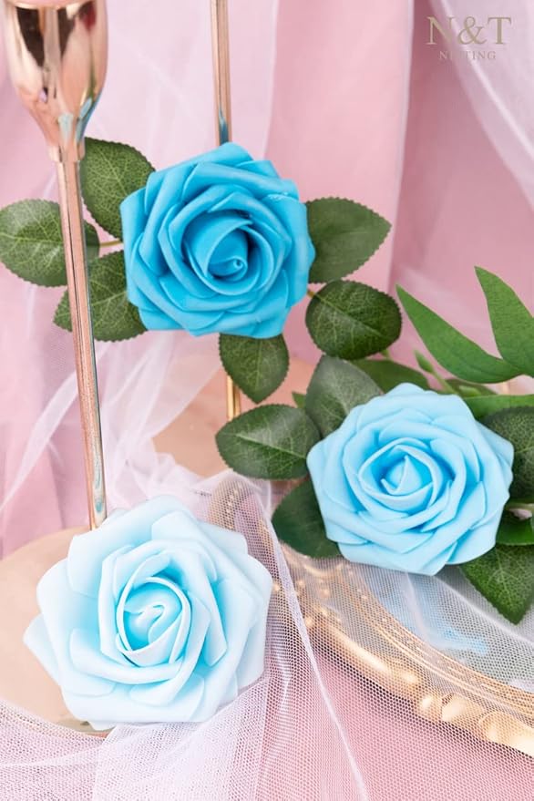 N&T NIETING Blue Roses Artificial Flowers, 50pcs Fake Flowers Rose Perfect for DIY Wedding Bridesmaid Bridal Bouquets Centerpieces Home Flower Arrangement Decoration, Series Blue