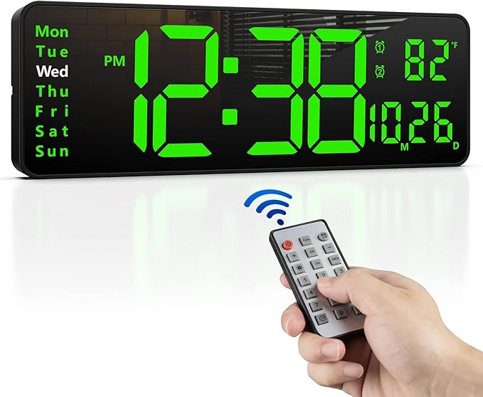 Zgrmbo 16-inch Digital Wall Clock with Remote Control, Large Display Digital Clock with Date, Indoor Temp, Week, 12/24H, Auto Dimming, A Wall Clock Suitable for Living Room, Warehouse, Shop, Gym