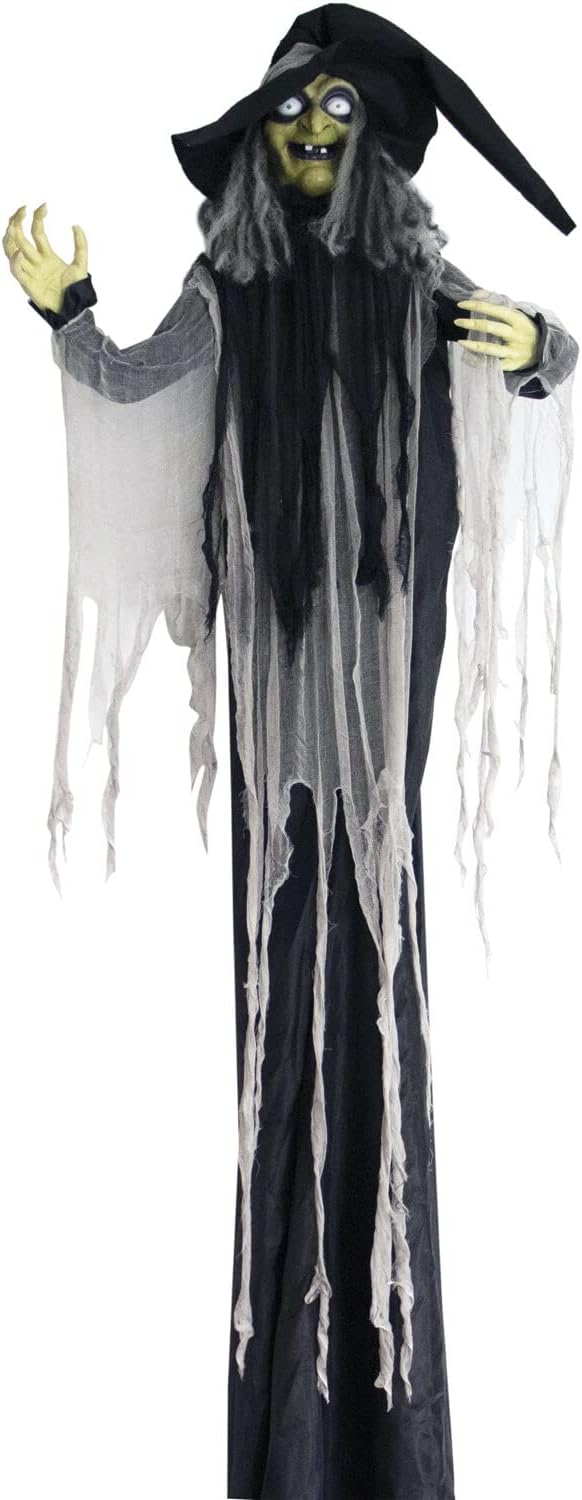 Haunted Hill Farm 9.5-Ft. Animatronic Witch, Indoor or Covered Outdoor Halloween Decoration, Prop With Light-up White Eyes, Poseable and Battery Operated Fright Prop for Home