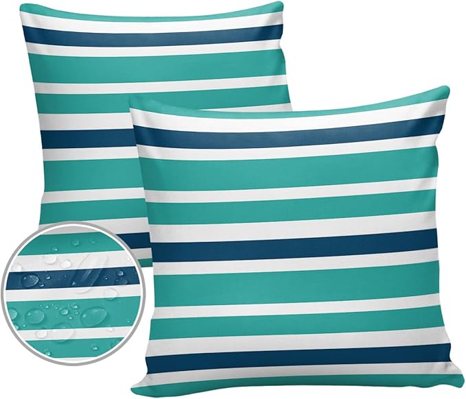 Outdoor Waterproof Throw Pillow Covers Set of 2 Navy Blue Turquoise Stripes Decorative Outdoor Pillows Cushion Case 24x24 Inch Teal Striped Patio Pillows for Couch Sofa Bed Garden Office Home Decor