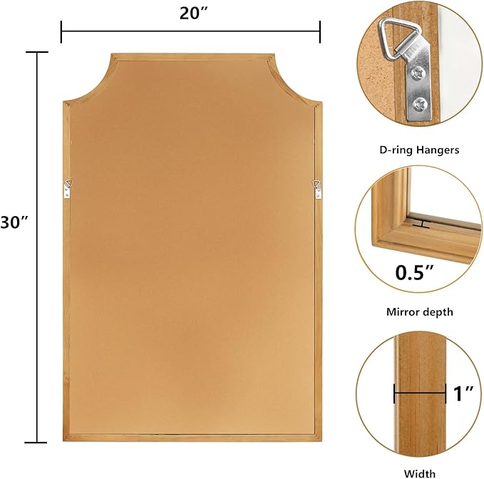 WallBeyond Scalloped Wood Mirror for Small Bathroom Vanity 20x30 Inch Rectangle Wall Mirror Decor for Hallway Bedroom Living Room Home (Natural)