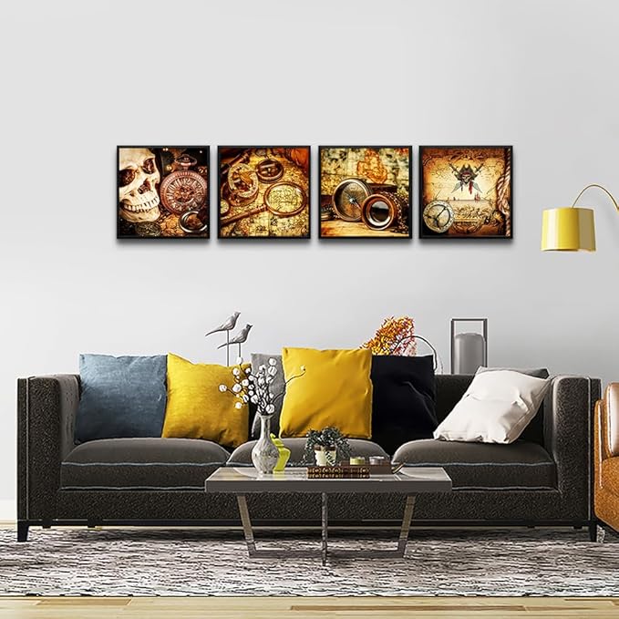 hyidecorart Black Framed Wall Art For Living Room Office Wall Decor Pictures Pirate Ship Compass Restoring Ancient Ways Wall Painting Prints Artwork Bedroom Decor Dormitory Room Home Decor 4 Piece