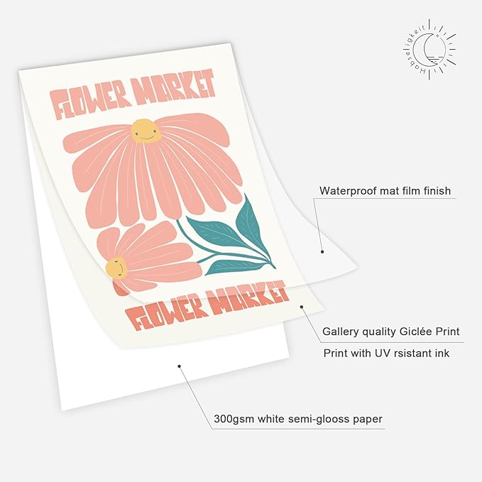 Habseligkeit Pink Flower Market Posters for Room Decor, Abstract Floral Wall Art Prints, Minimalist Wall Decor, Vintage Posters for Girls Room Aesthetic (8x10 UNFRAMED Set of 6)