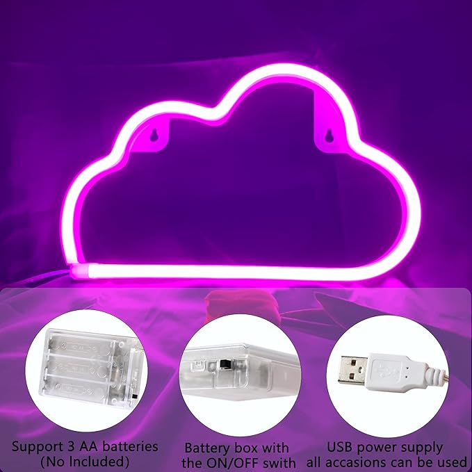 LED Cloud Neon Light for Wall Decor, Battery or USB Powered Cloud Sign Shaped Decoration Wall Lights for Bedroom Aesthetic Teen Girl Kid Room Christmas Birthday Wedding Party Pink
