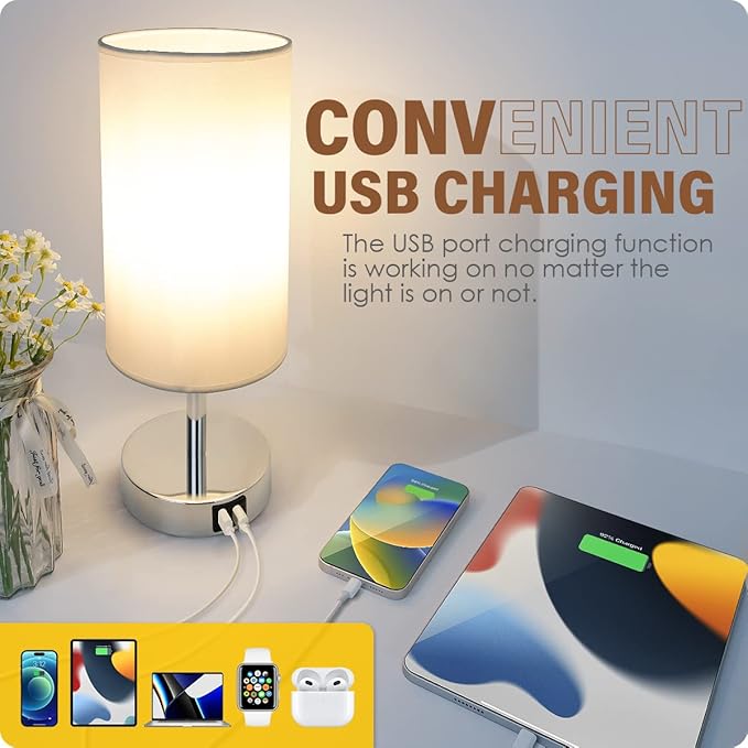 Yarra-Decor Bedside Lamps with USB Port - Touch Control Table Lamp for Bedroom 3 Way Dimmable Nightstand Lamp Set of 2 with Round White Fabric Shade for Living Room, Dorm, Home Office (White, 2 Pack)