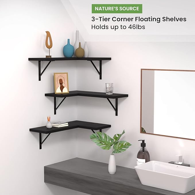 NATURE'S SOURCE Corner Floating Shelves Set of 3, Corner Shelves Wall Mounted, for Bedroom Kitchen Living Room Bathroom Office- Gothic Style (Black)