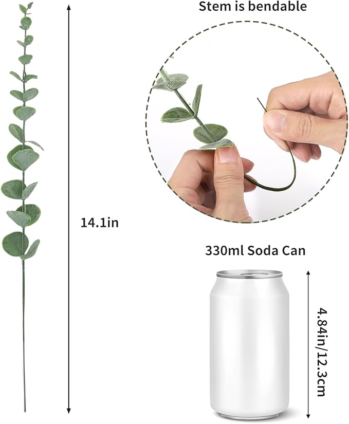 CEWOR 8pcs Eucalyptus Stems Decor 14.1 Inch Artificial Eucalyptus Leaves Fake Greenery Branches for Wedding Centerpiece Flower Floral Arrangement Farmhouse Home Decoration