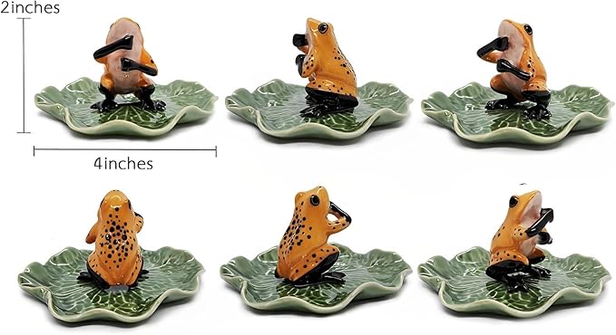 Tiny 2" High Yellow Black Frog On 4" Wide Lotus Leaf Incense Holder - Ceramic Incense Stick Tray Porcelain Miniature Handmade Animals Figurine Display Cute Mini Colorful Décor Gift