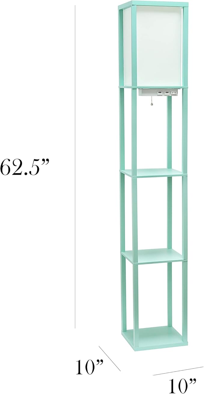 Simple Designs LF1037-AQU-LB Three Shelf Etagere Organizer Storage Floor Lamp with 2 Dual USB Ports and Charging Outlet, Aqua, with Feit LED Bulb Included