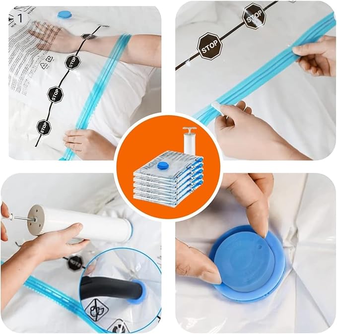 Amazon Basics Vacuum Compression Space Saving Storage Bags with Hand Pump for Travel, Multiple Sizes for Clothes and Blankets, Clear, 12 Pack (3 Small, 3 Medium, 3 Large & 3 Jumbo)